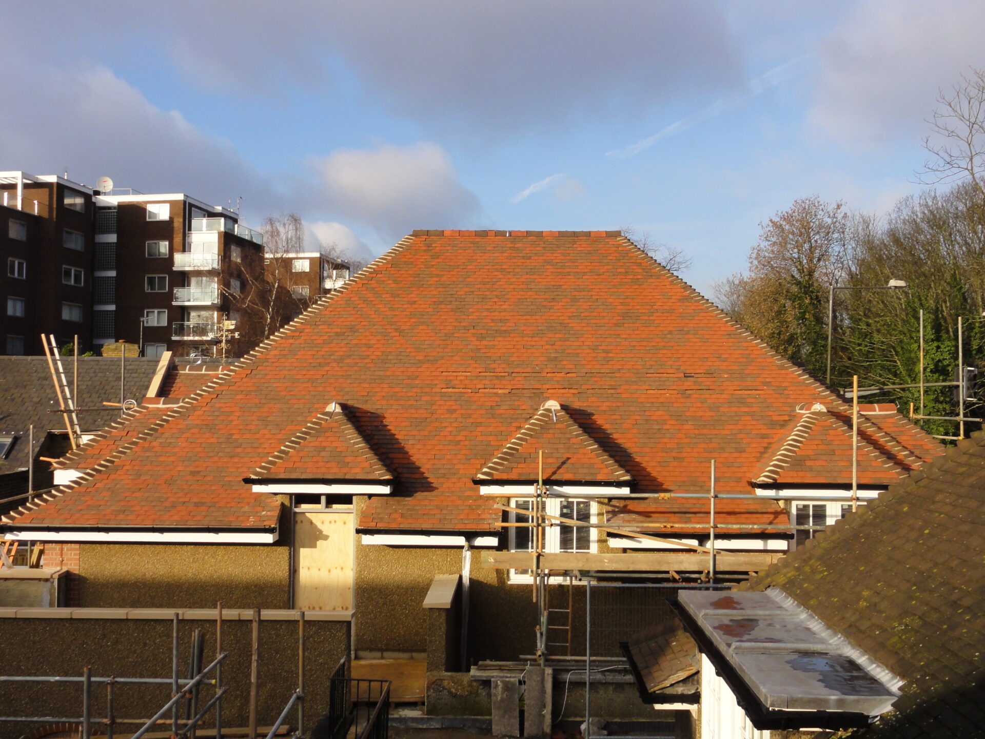 Large steeply pitched tile roof on domestic property.